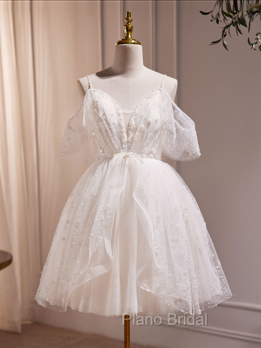 A-Line V Neck Tulle Short Beige Formal Prom Dresses, Cute Beige Homecoming Dresses