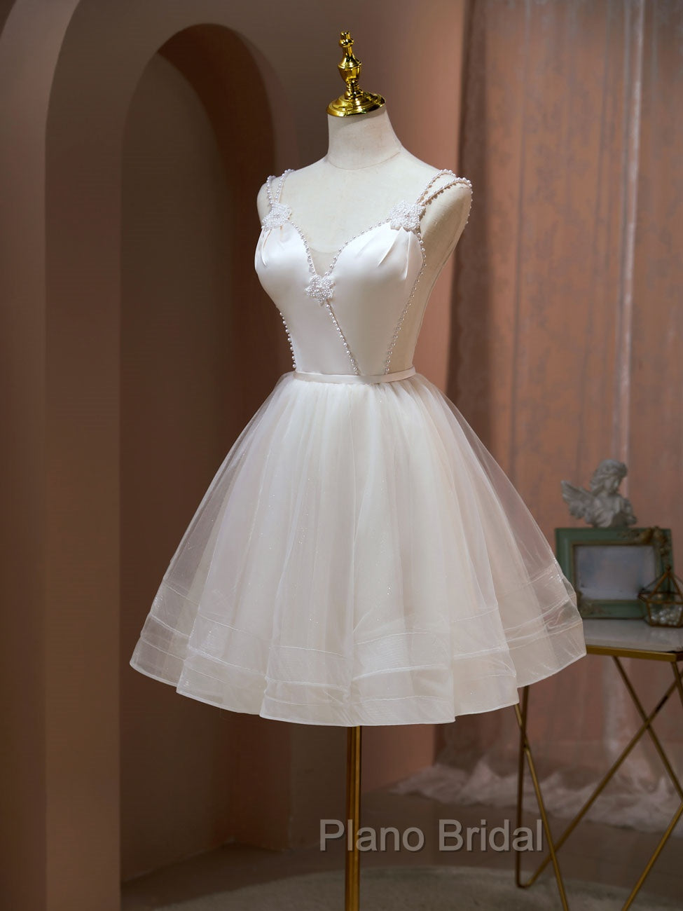 A Line v neck tulle Short Beige Formal Prom Dresses, Cute Puffy Beige Homecoming Dresses With Beading Secondary image