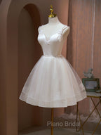 A Line v neck tulle Short Beige Formal Prom Dresses, Cute Puffy Beige Homecoming Dresses With Beading