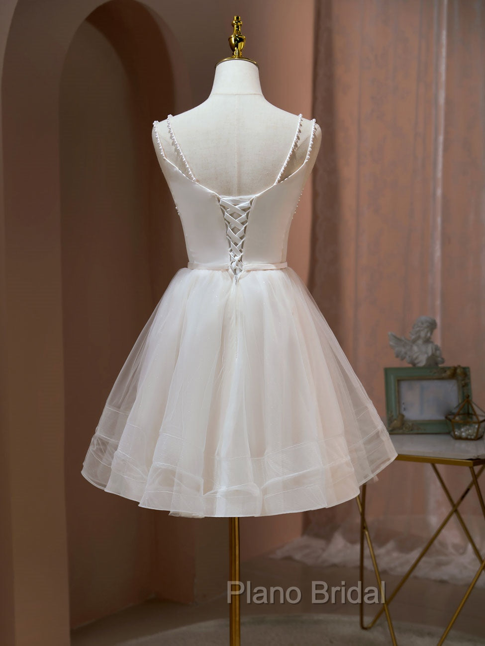 A Line v neck tulle Short Beige Formal Prom Dresses, Cute Puffy Beige Homecoming Dresses With Beading