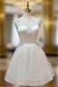 A Line v neck tulle Short Beige Formal Prom Dresses, Cute Puffy Beige Homecoming Dresses With Beading
