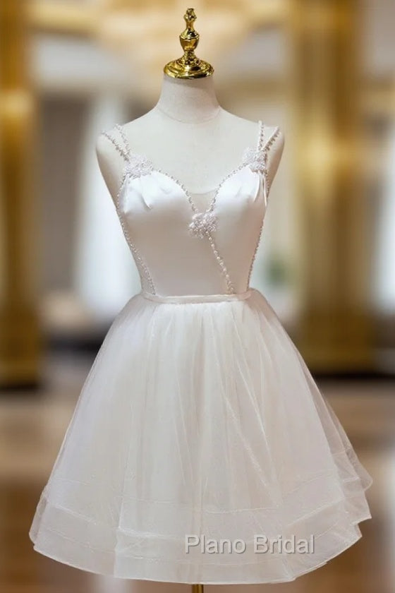 A Line v neck tulle Short Beige Formal Prom Dresses, Cute Puffy Beige Homecoming Dresses With Beading Main image