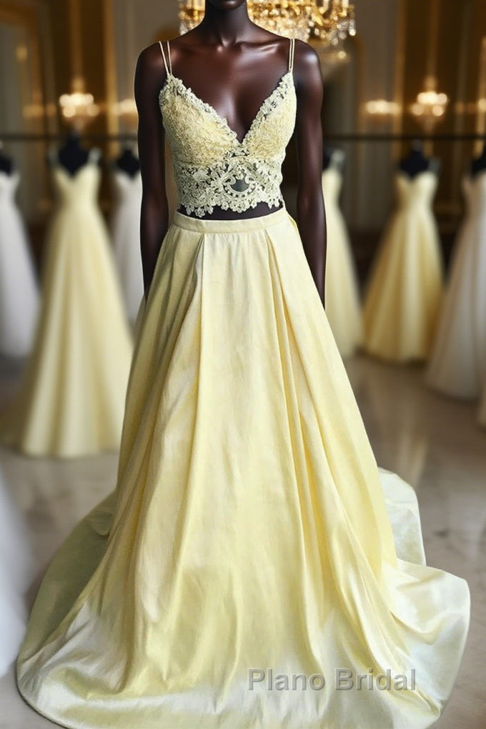 A Line V Neck Two Pieces Lace Top Yellow Formal Prom Dress, Two Pieces Yellow Formal Dress, Yellow Lace Evening Dress Main image