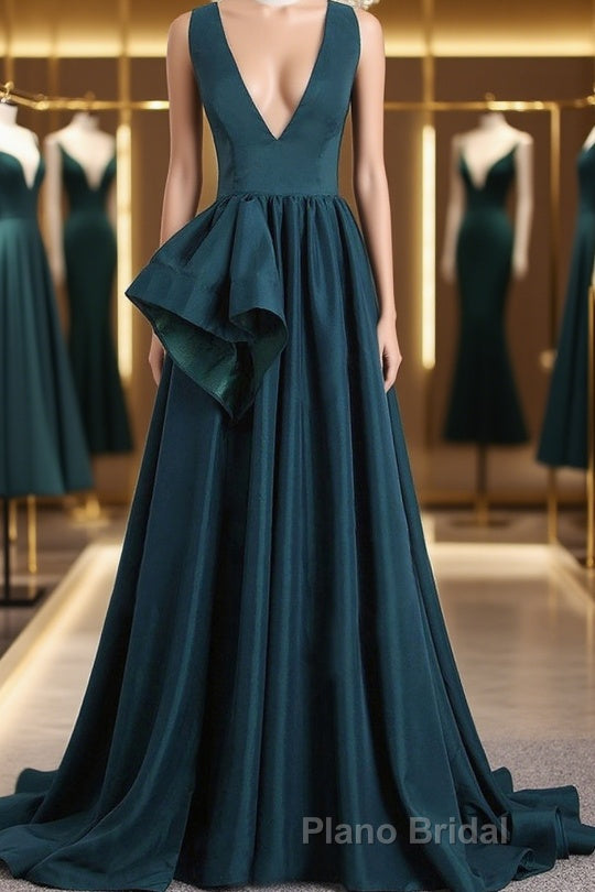 A Line V Neck V Back Green Satin Long Formal Prom Dresses, Long Green Formal Evening Dresses Main image
