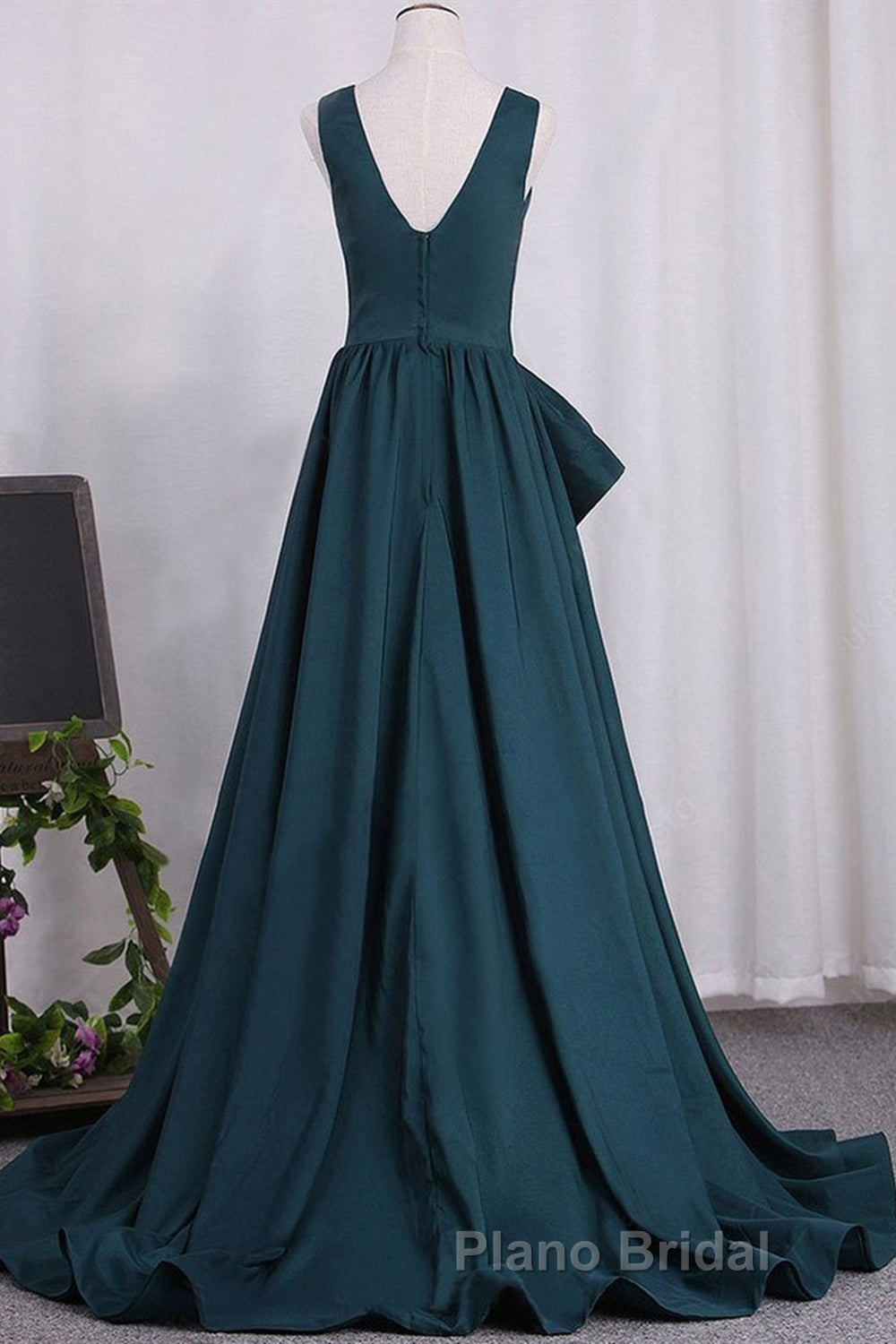 A Line V Neck V Back Green Satin Long Formal Prom Dresses, Long Green Formal Evening Dresses