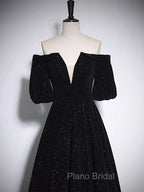 A-Line V Neck Velvet Black Long Formal Prom Dresses, Black Formal Evening Dresses