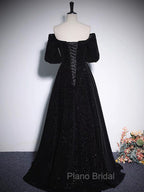 A-Line V Neck Velvet Black Long Formal Prom Dresses, Black Formal Evening Dresses