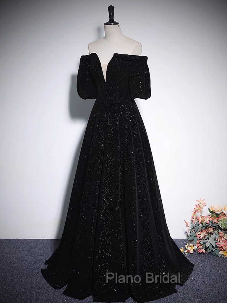 A-Line V Neck Velvet Black Long Formal Prom Dresses, Black Formal Evening Dresses Secondary image
