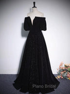 A-Line V Neck Velvet Black Long Formal Prom Dresses, Black Formal Evening Dresses