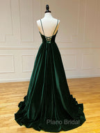 A-Line V Neck Velvet Green Long Formal Prom Dresses, Green Velvet Formal Dresses