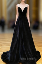 A-Line V Neck Velvet Green Long Formal Prom Dresses, Green Velvet Formal Dresses