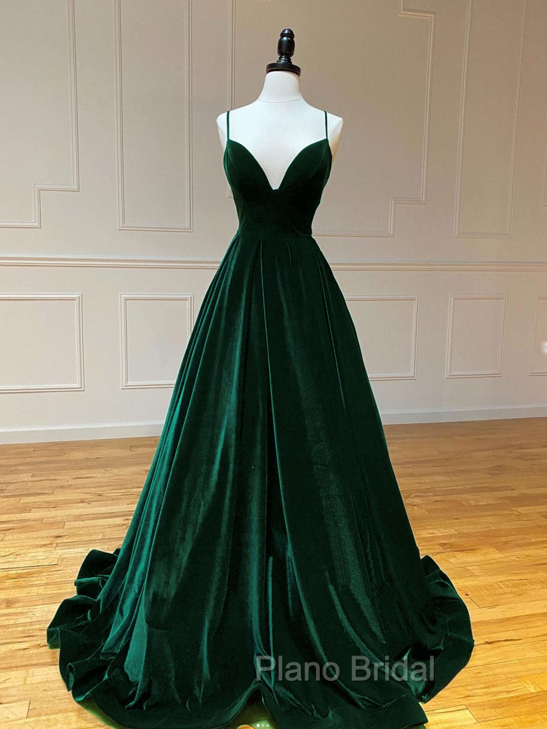 A-Line V Neck Velvet Green Long Formal Prom Dresses, Green Velvet Formal Dresses Main image