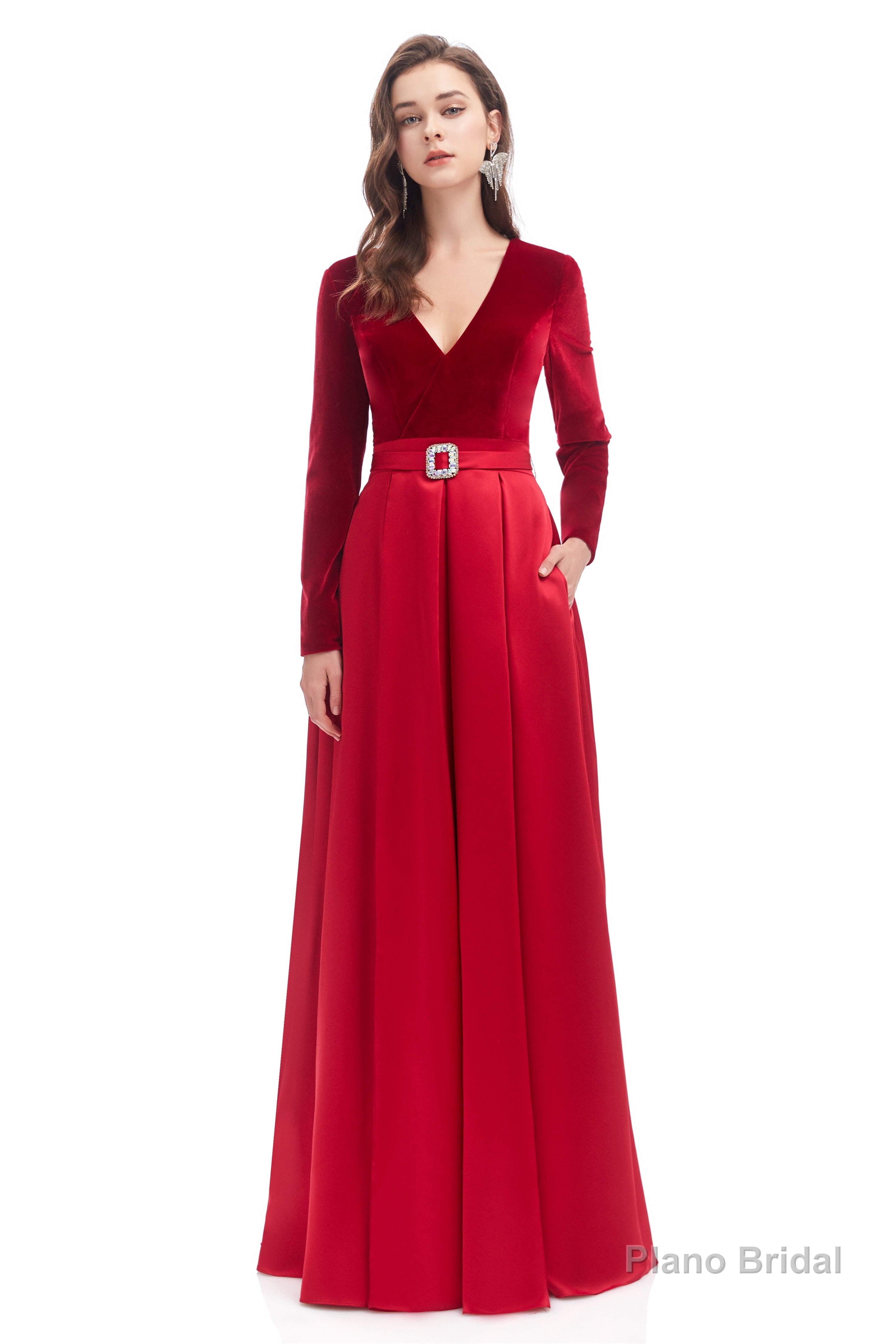 A-line V Neck Velvet Long Prom Dresses Main image