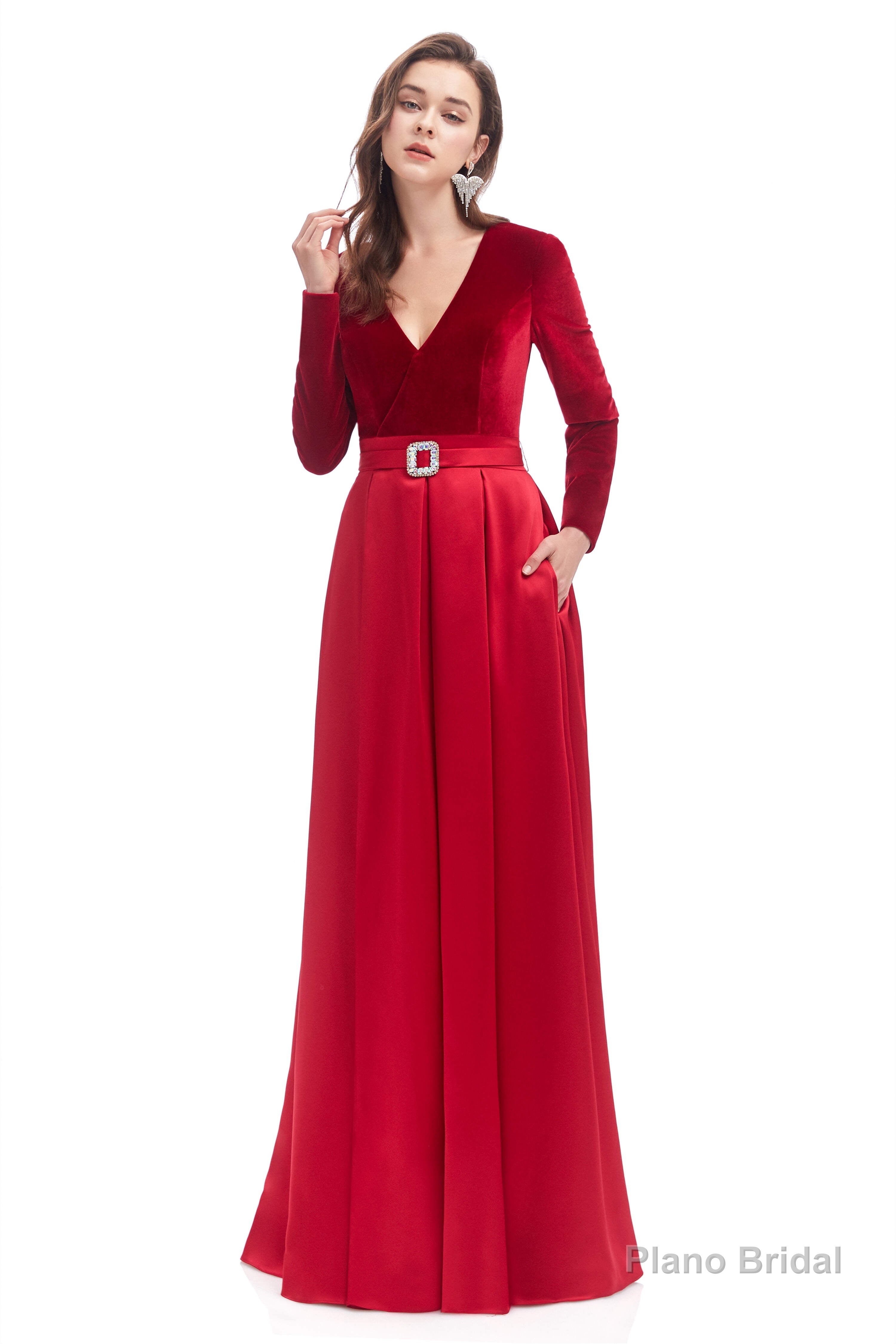 A-line V Neck Velvet Long Prom Dresses Secondary image