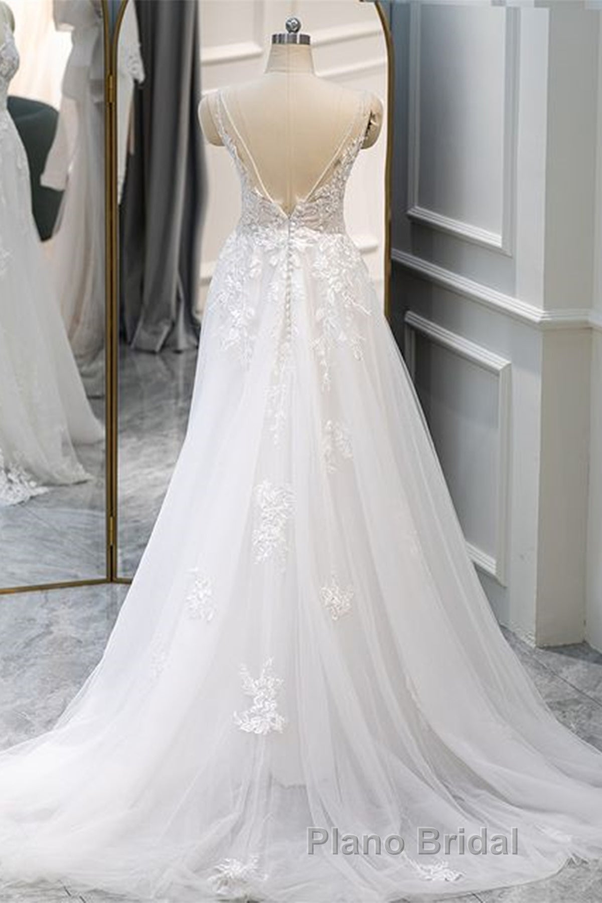 A Line V Neck White Lace Long Formal Prom Dress, White Lace Wedding Dress, White Formal Evening Dress