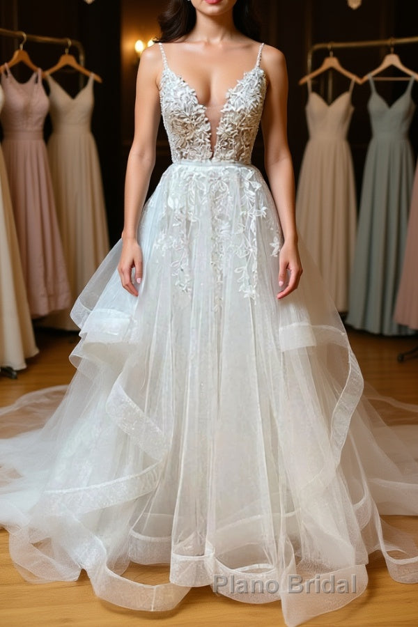 A Line V Neck White Lace Long Formal Prom Dress, White Lace Wedding Dress, White Formal Evening Dress Main image