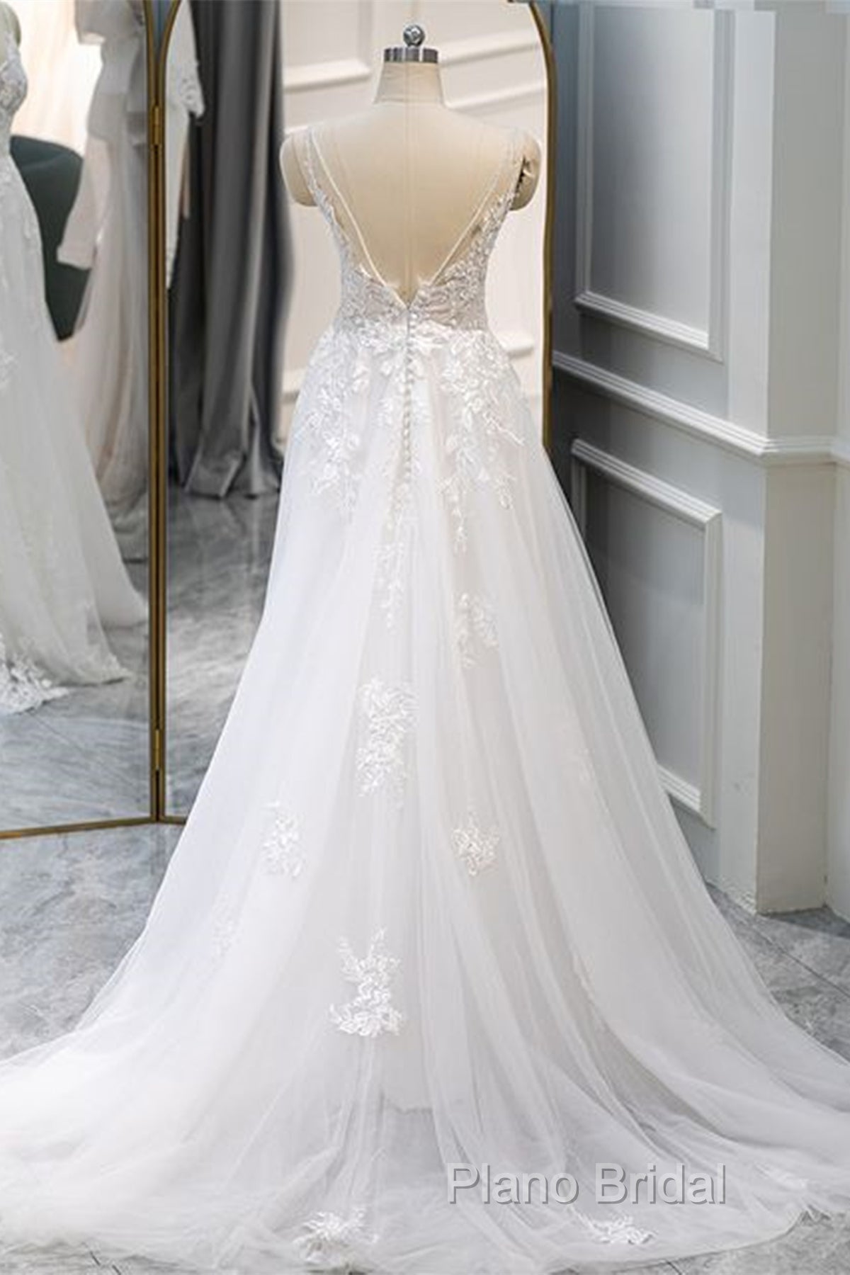 A Line V Neck White Lace Long Formal Prom Dresses, White Lace Wedding Dresses, White Formal Dresses A1801
