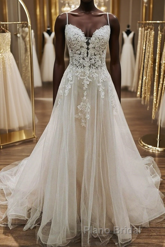 A Line V Neck White Lace Long Formal Prom Wedding Dress, Thin Strap White Lace Formal Dress, White Lace Evening Dress Main image