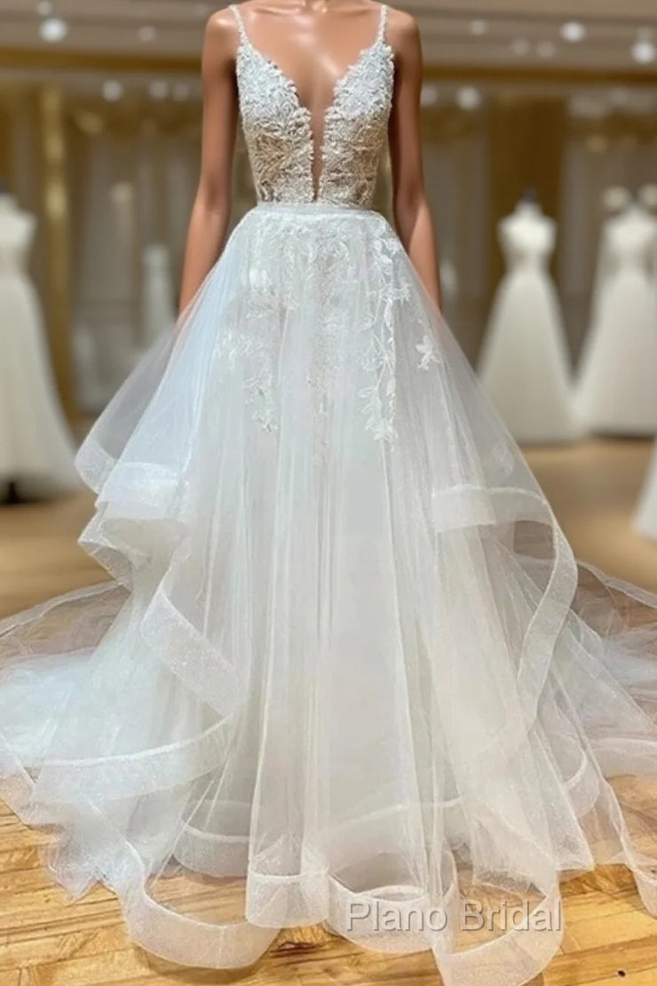 A Line V Neck White Lace Long Ruffles Wedding Dresses Main image