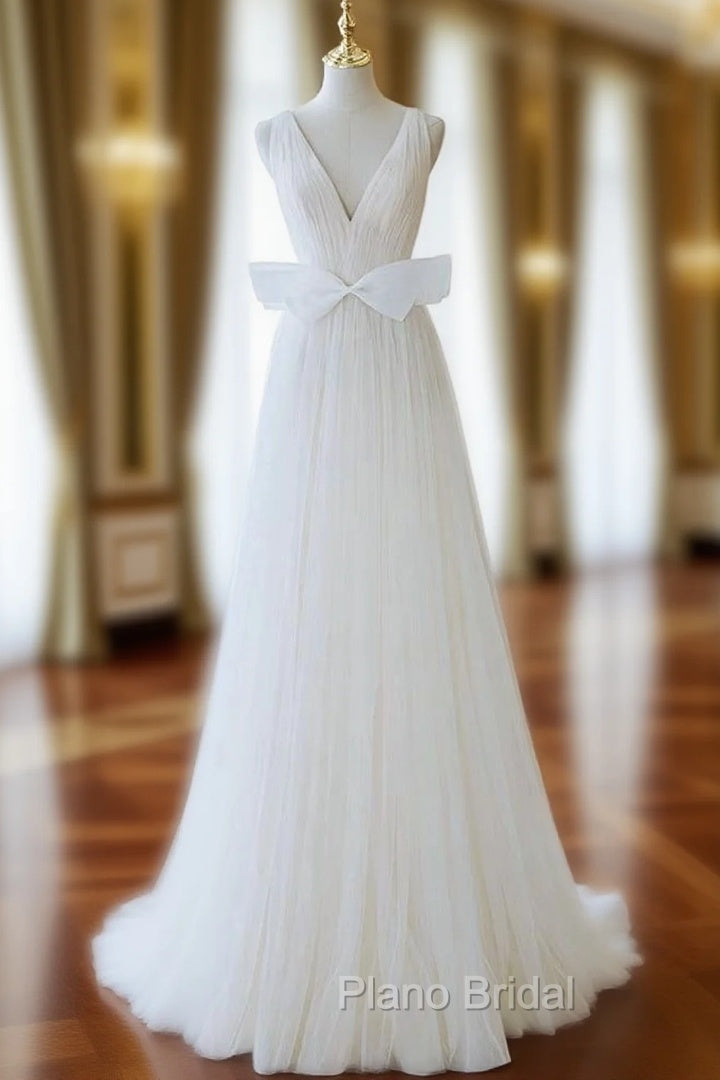 A-Line V Neck White Tulle Long Wedding Dresses with Bow