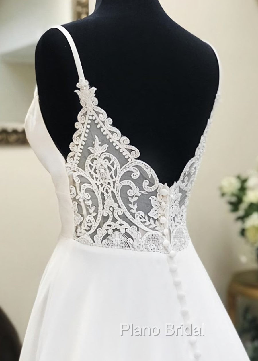 A Line V Neck White Wedding Dresses with Sweep Train, White Formal Evening Formal Prom Dresses Secondary image