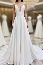 A Line V Neck White Wedding Dresses with Sweep Train, White Formal Evening Formal Prom Dresses