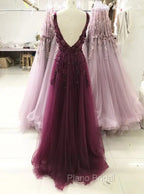 A-line V-neckline Flowers Tulle  Evening Dresses Formal Prom Dresses, Long Wedding Party Dresses