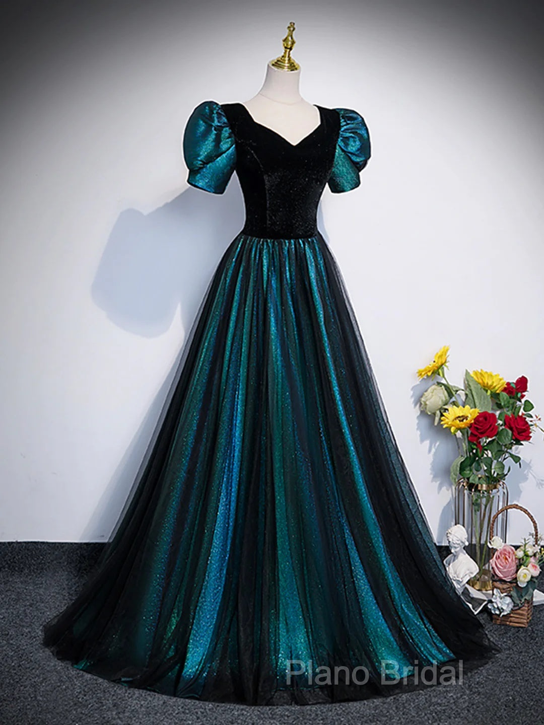 A-Line Velvet And Tulle Long Formal Prom Dresses, Short Sleeve Party Dresses Formal Dresses