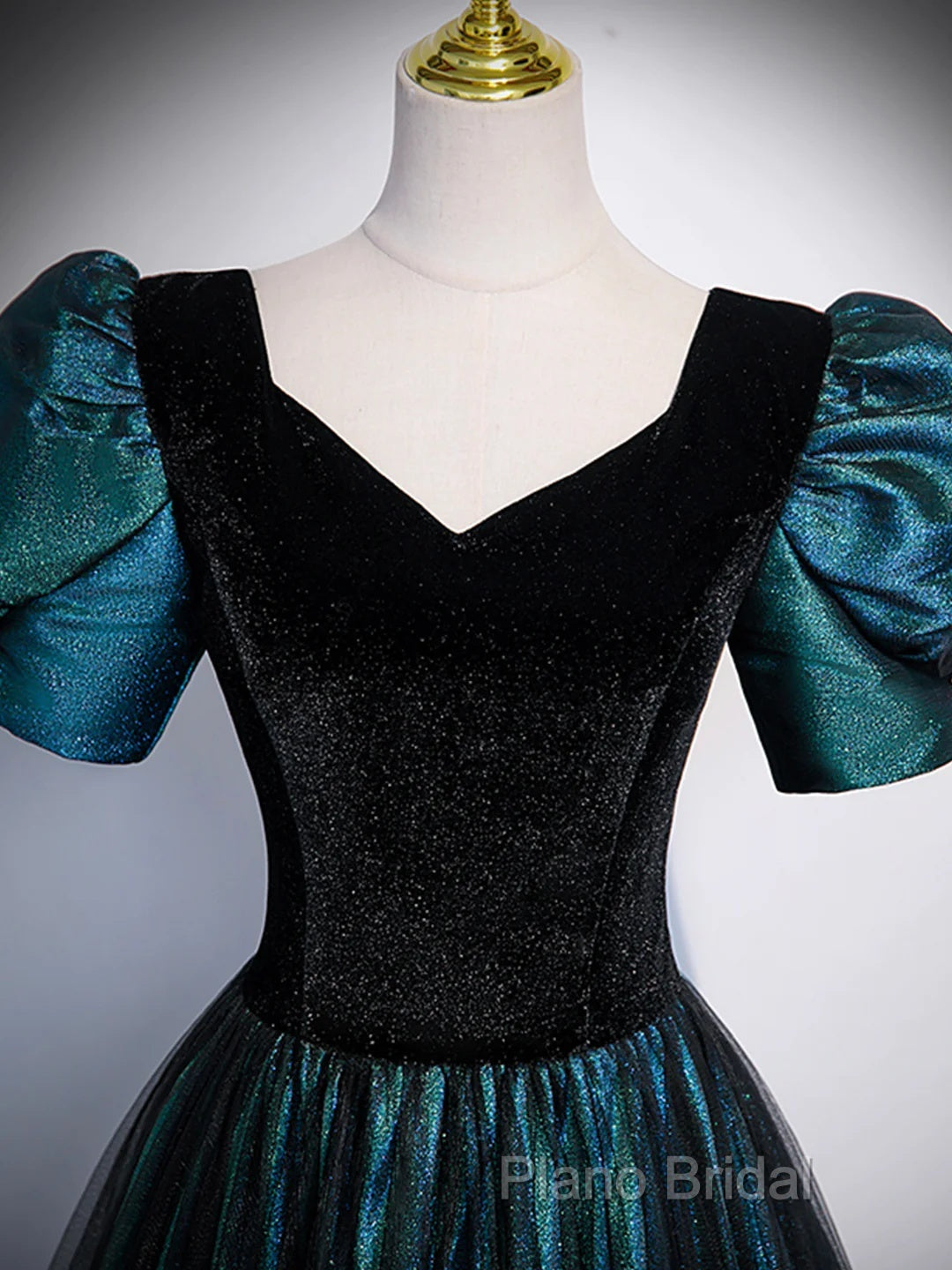 A-Line Velvet And Tulle Long Formal Prom Dresses, Short Sleeve Party Dresses Formal Dresses