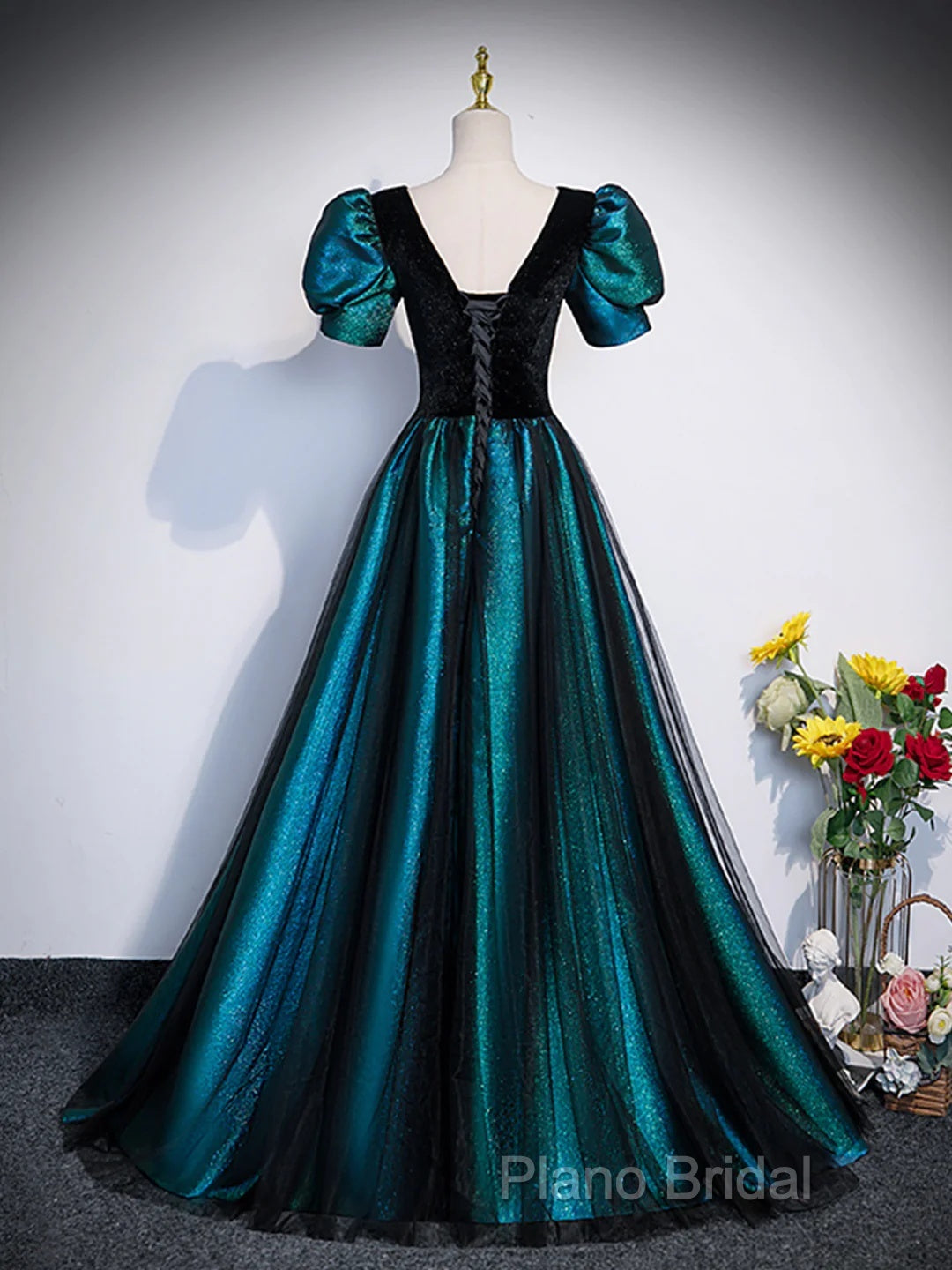 A-Line Velvet And Tulle Long Formal Prom Dresses, Short Sleeve Party Dresses Formal Dresses