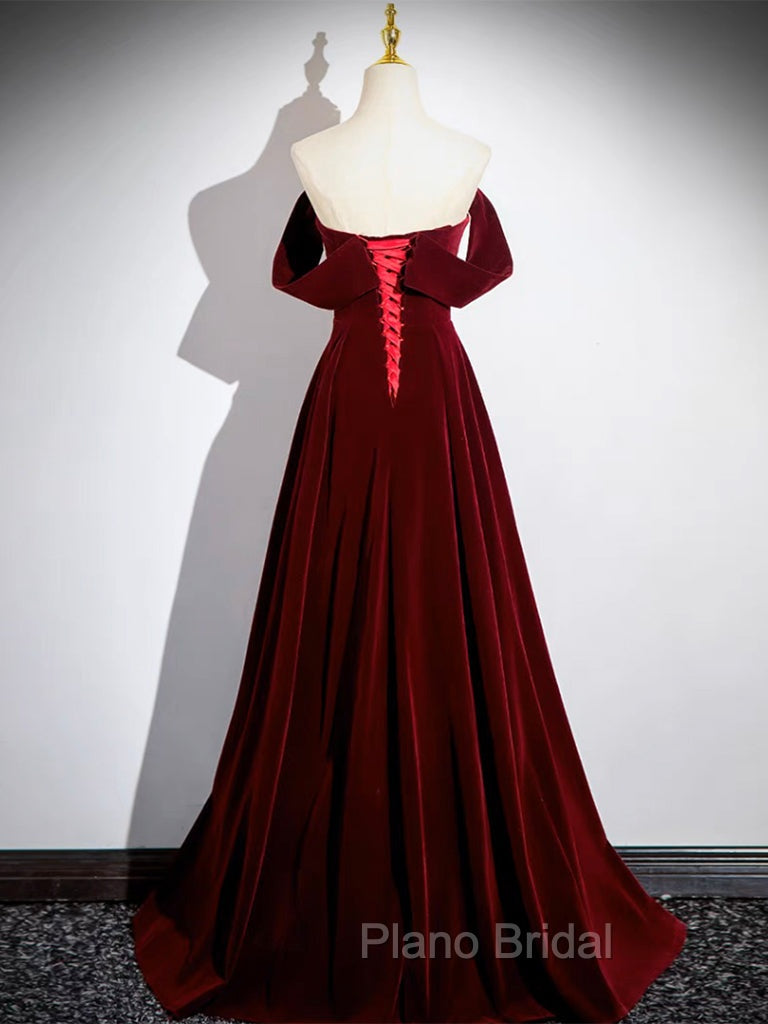 A-Line Velvet Burgundy Long Formal Prom Dresses, Burgundy Long Formal Dresses