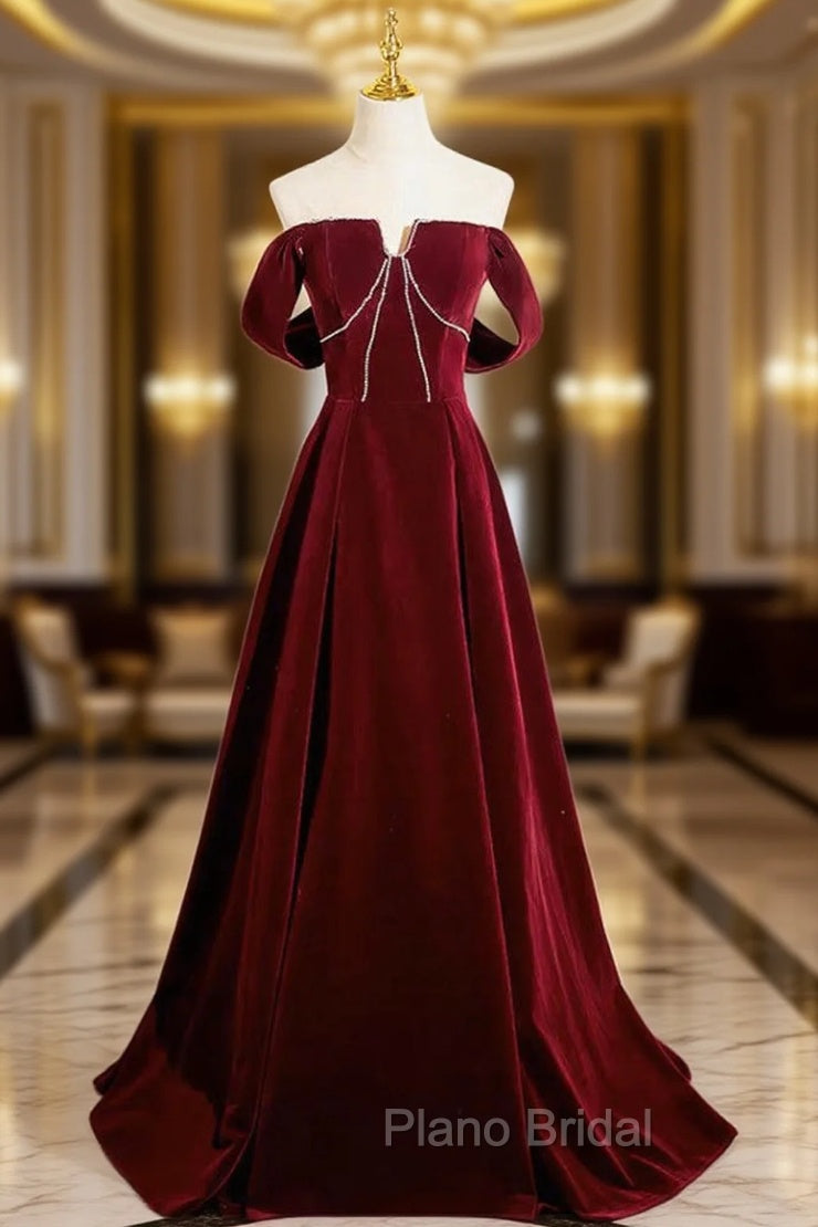 A-Line Velvet Burgundy Long Formal Prom Dresses, Burgundy Long Formal Dresses Main image