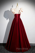 A-Line Velvet Floor Length Formal Prom Dresses, Burgundy Off the Shoulder Evening Party Dresses