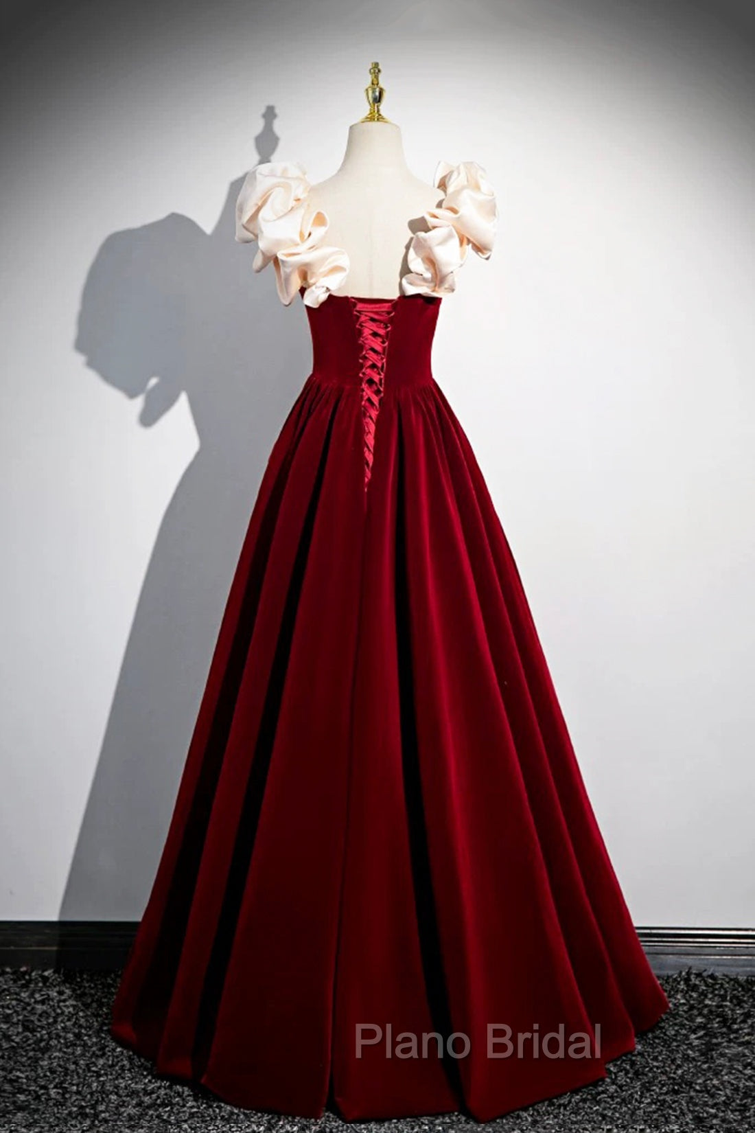 A-Line Velvet Floor Length Formal Prom Dresses, Burgundy Off the Shoulder Evening Party Dresses