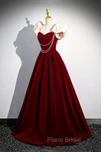 A-Line Velvet Floor Length Formal Prom Dresses, Burgundy Off the Shoulder Evening Party Dresses