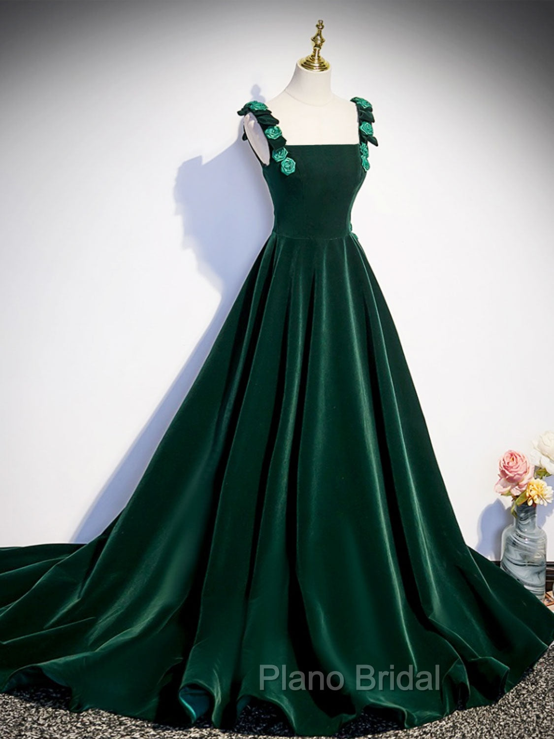 A-Line Velvet Green Long Formal Prom Dresses, Green Formal Evening Dresses Secondary image