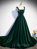 A-Line Velvet Green Long Formal Prom Dresses, Green Formal Evening Dresses