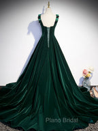 A-Line Velvet Green Long Formal Prom Dresses, Green Formal Evening Dresses