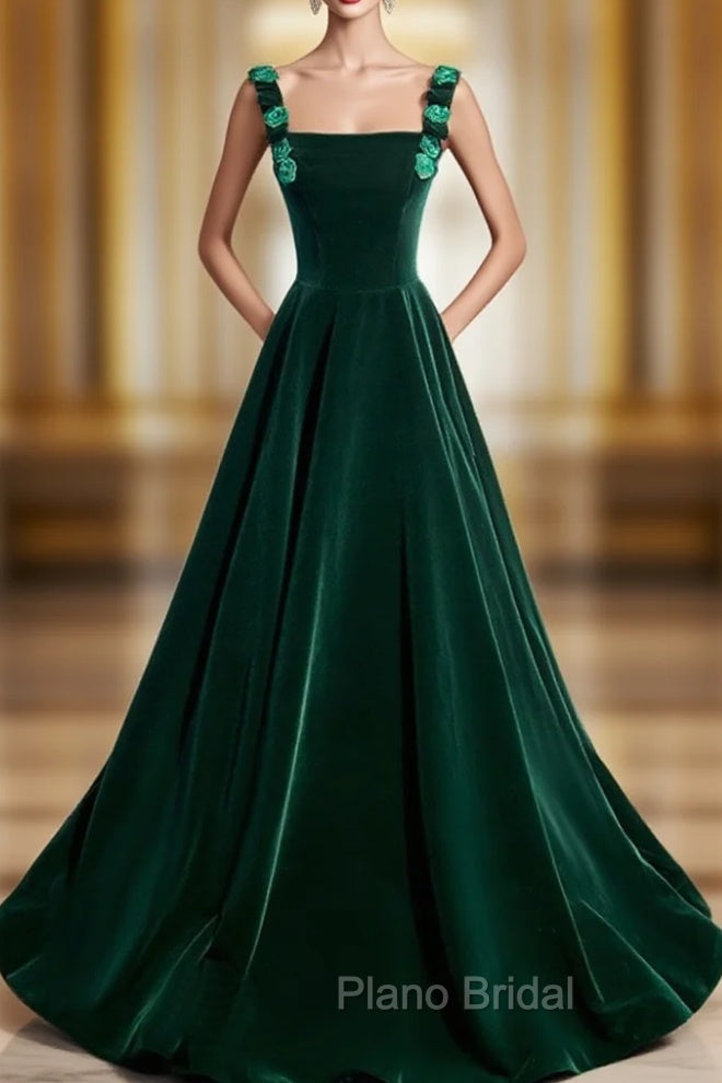 A-Line Velvet Green Long Formal Prom Dresses, Green Formal Evening Dresses Main image