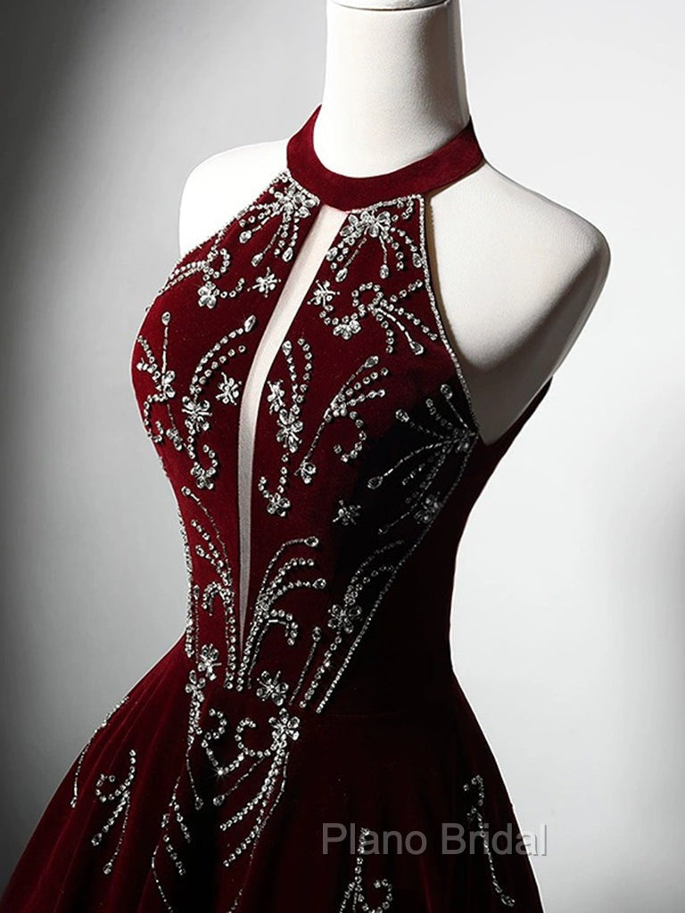 A-Line Velvet Sequin Beads Burgundy Long Formal Prom Dresses, Burgundy Long Formal Dresses