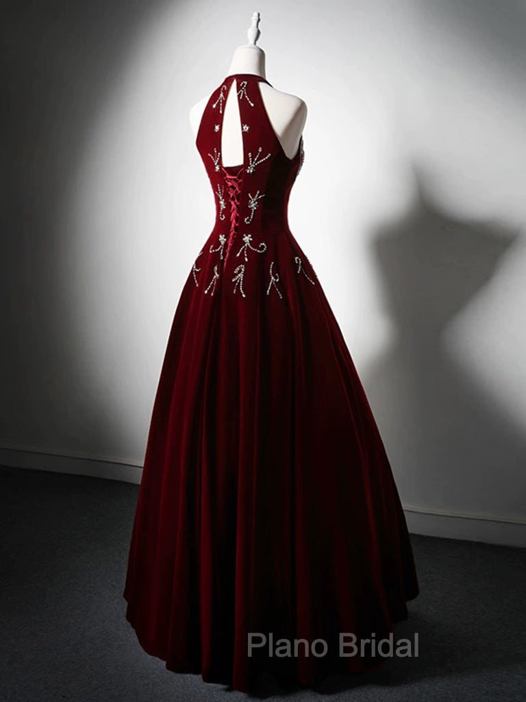 A-Line Velvet Sequin Beads Burgundy Long Formal Prom Dresses, Burgundy Long Formal Dresses
