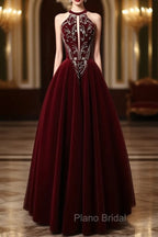 A-Line Velvet Sequin Beads Burgundy Long Formal Prom Dresses, Burgundy Long Formal Dresses