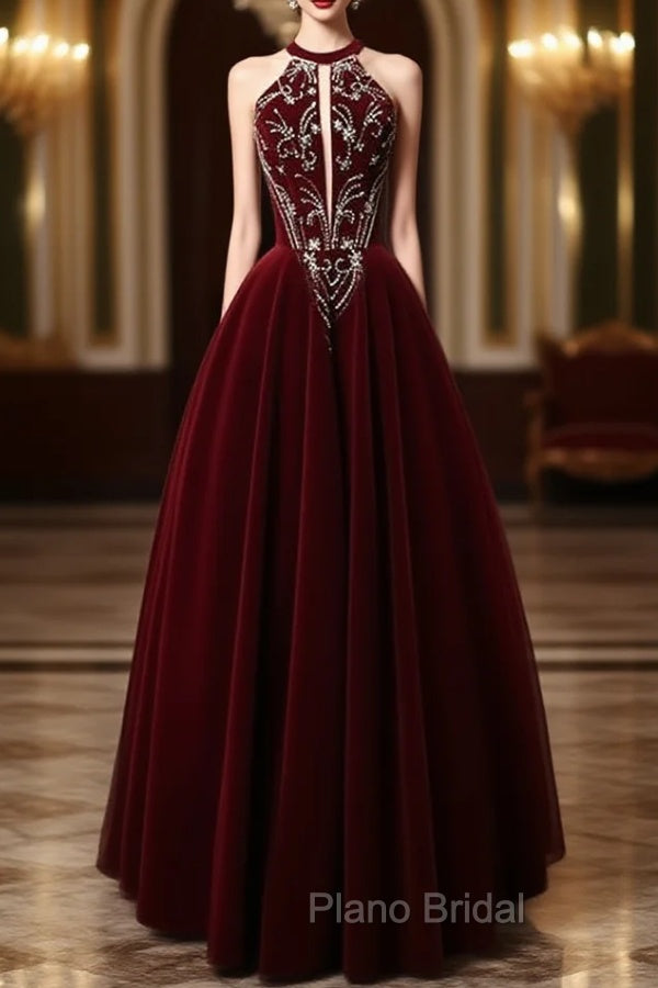 A-Line Velvet Sequin Beads Burgundy Long Formal Prom Dresses, Burgundy Long Formal Dresses