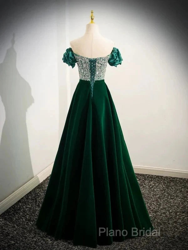 A-Line Velvet Sequin Beads Green Long Formal Prom Dresses Formal Dresses Elegant