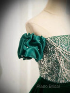 A-Line Velvet Sequin Beads Green Long Formal Prom Dresses Formal Dresses Elegant
