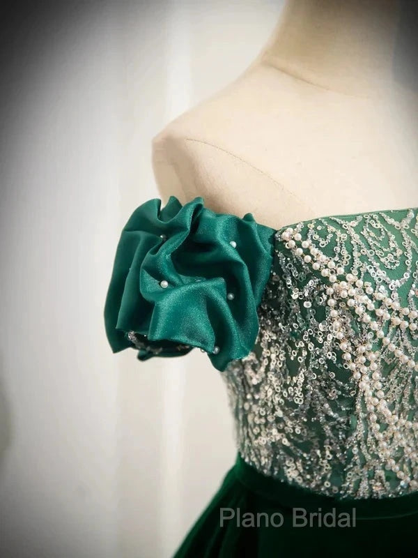 A-Line Velvet Sequin Beads Green Long Formal Prom Dresses Formal Dresses Elegant