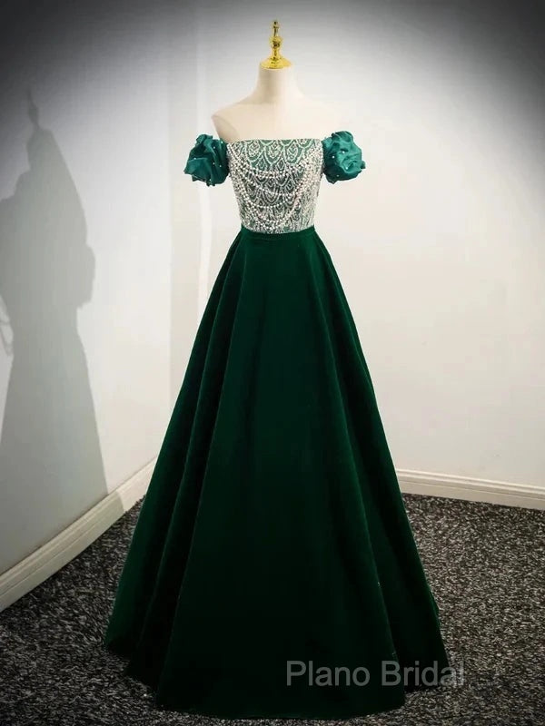 A-Line Velvet Sequin Beads Green Long Formal Prom Dresses Formal Dresses Elegant