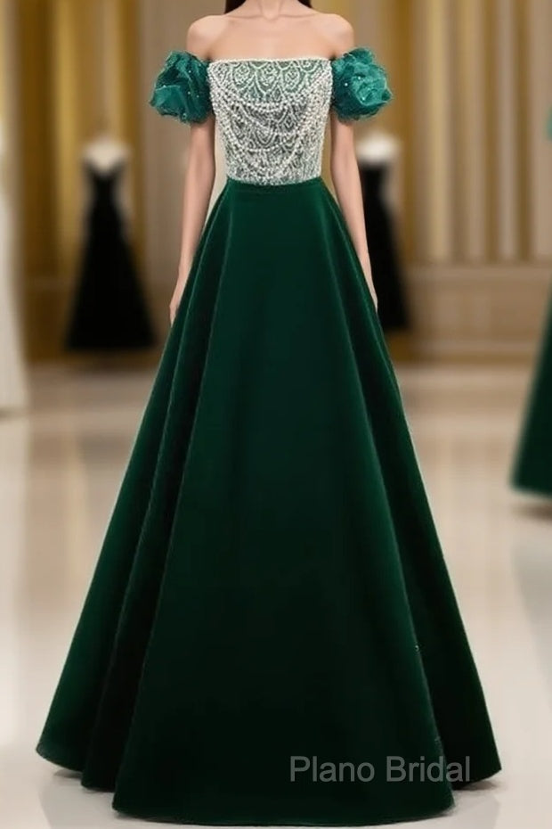 A-Line Velvet Sequin Beads Green Long Formal Prom Dresses Formal Dresses Elegant Main image