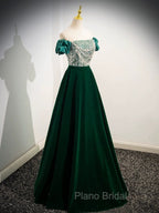A-Line Velvet Sequin Beads Green Long Formal Prom Dresses, Green Velvet Long Formal Dresses