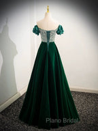 A-Line Velvet Sequin Beads Green Long Formal Prom Dresses, Green Velvet Long Formal Dresses